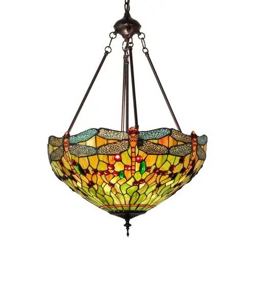 Inspired by one of Tiffany Studio's classic Dragonfly lighting masterpiece. Orange dragonflies with glowing Red glass jeweled eyes and Multi-colored filigree wings soar on a Green and Orange background. The stunning inverted shade is accented with Red; Green and Amber glass jewels. The overall height ranges from 32 to 67 inches as the chain length can be easily adjusted in the field to accommodate your specific lighting application needs.? The art glass shade is created using the famous Meyda Tiffany copperfoil?construction. The ceiling pendant is enhanced with a warm Mahogany Bronze finish. UL and cUL listed for dry and damp locations. - alternate view