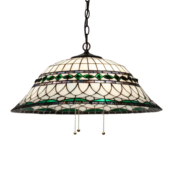 Emerald jewels and Multi Colored granite glass accent Winter White stained art glass in this Tiffany Reproduction Roman ceiling pendant. Inspired by Italian art and architecture; the inverted pendant is complemented with a Mahogany Bronze finish. This exquisite art glass shade is created using the famous Meyda Tiffany copperfoil construction process. The overall height ranges from 14 to 54 inches as the chain length can be easily adjusted in the field to accommodate your specific lighting application needs. UL and cUL listed for dry and damp locations. Each shade is a unique work of art with color variations based on natural ingredients inherent in the glass. Contact us if color matching is critical when ordering multiple items.