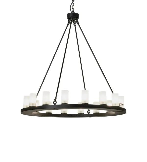 Add a modern update to an old world chandelier of yore. Loxley is custom crafted with 20 Clear Frosted Glass Cylindres on a decorative ring hand finished in a Blackwash hue. Ideal for illuminating dining areas, conference tables, lobbies and other residential, hospitality and commercial spaces. The overall height ranges from 54 to 293 inches as the chain length can be easily adjusted in the field to accommodate your specific lighting application needs. Handmade in our 180,000 square foot manufacturing facility in Yorkville, New York. Diffuser colors, metal finishes and chandelier sizes can be customized to your specifications. UL and cUL listed for dry and damp locations. Collection: Loxley Finish: Blackwash Glass: Clear Frosted Width: 48.00" Height: 54.00" Length: 48.00" Weight: 72.50 lb Number of Bulbs: 16 Maximum Wattage: 60.00 W Bulb Type: BA9 Bulb Base: E12 Material: Steel Country of Origin: USA Safety Rating: Damp