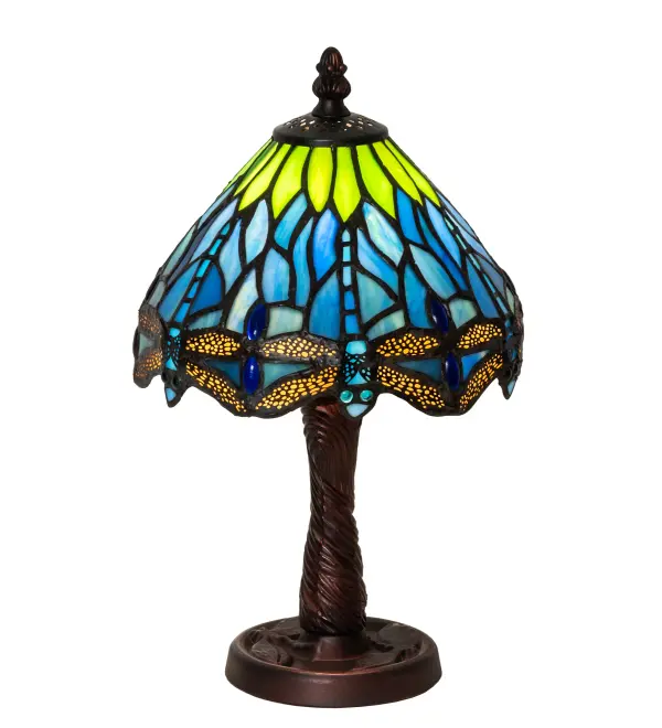 This version of a most beloved stained glass dragonfly design from Tiffany Studios is modeled after the original. Diving Blue Dragonflies with glowing jeweled eyes and delicate Amber metal filigree wings circle over hand cut and copper foiled pieces of Lakeside Blue and Pond Green glass that represent rippling water. The shade is accented with Blue jewels and complemented with a handsome Mahogany Bronze finished base. This lovely shade is created using the famous Meyda Tiffany copperfoil construction. Each shade is a unique work of art with color variations based on natural ingredients inherent in the glass. Contact us if color matching is critical when ordering multiple items.