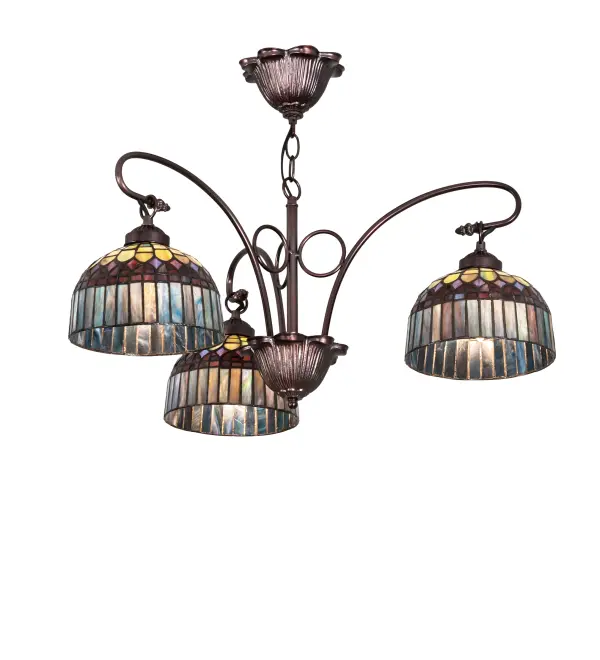 In the early 20th century; Tiffany Studios used artful mastery to develop the look of woven fabric with a fringed skirt out of glass. Meyda Tiffany configures this timeless reproduction into a three-light chandelier. Each shade features a multi-hued Plum fringe with a dome brickwork intertwined with Emerald; Cobalt; Heather; Xanadu; Azure and Saffron art glass. The art glass shades are created using the famous Meyda Tiffany copperfoil construction process and enhanced with hardware finished in Mahogany Bronze. Overall height ranges from 20 to 55 inches as the chain length can be easily adjusted in the field. UL and cUL listed for dry and damp locations. Each shade is a unique work of art with color variations based on natural ingredients inherent in the glass.