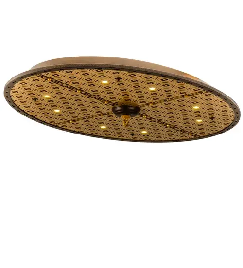A stunning lighting design that blends American craftsmanship and LED technology with a dramatic geometric aesthetic. This lighting centerpiece is designed to embrace a hanging chandelier from a hook on the finial. The style features mini hexagonal icons on a Goldtastic finished background with matching mounting collar and finial which are complemented with Tyler Bronze finished hub and accents. Delivers functional illumination with eight Integral LED downlights and ambient lighting with energy efficient Integral LED lighting. The Geometrik Ceiling Medallion is Domestically Produced in the USA at our Yorkville; NY manufacturing facility. Diffuser colors; metal finishes and sizes can be customized. UL and cUL listed for dry & damp locations. - alternate view
