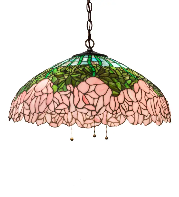 A wreath of full blooming Passion Pink cabbage roses circle this beautiful stained glass shade in a design inspired by the Louis Comfort Tiffany studio. Bronzed Green leaves and Teal Green stems form a pattern against a Blue Opal sky. The shade is created using the famous Meyda Tiffany copperfoil construction. The shade is complemented with a Mahogany Bronze finish. The overall height ranges from 5 to 40 inches as the chain length can be easily adjusted in the field to accommodate your specific lighting application needs. UL and cUL listed for dry and damp locations. Collection: Tiffany Cabbage Rose Finish: Mahogany Bronze Glass: Stained Glass Width: 22.00" Height: 5.00" Length: 22.00" Weight: 11.00 lb Number of Bulbs: 3 Maximum Wattage: 60.00 W Bulb Type: A19 Bulb Base: E26 Material: Steel Country of Origin: CHINA Safety Rating: Damp
