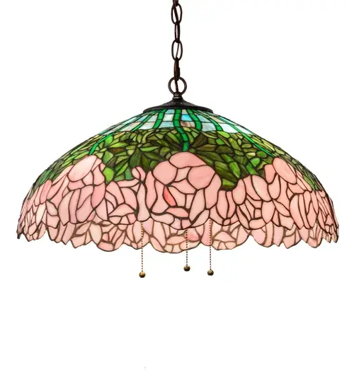 A wreath of full blooming Passion Pink cabbage roses circle this beautiful stained glass shade in a design inspired by the Louis Comfort Tiffany studio. Bronzed Green leaves and Teal Green stems form a pattern against a Blue Opal sky. The shade is created using the famous Meyda Tiffany copperfoil construction. The shade is complemented with a Mahogany Bronze finish. The overall height ranges from 5 to 40 inches as the chain length can be easily adjusted in the field to accommodate your specific lighting application needs. UL and cUL listed for dry and damp locations. Collection: Tiffany Cabbage Rose Finish: Mahogany Bronze Glass: Stained Glass Width: 22.00" Height: 5.00" Length: 22.00" Weight: 11.00 lb Number of Bulbs: 3 Maximum Wattage: 60.00 W Bulb Type: A19 Bulb Base: E26 Material: Steel Country of Origin: CHINA Safety Rating: Damp - alternate view