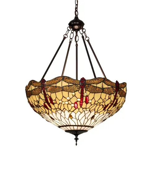 A stunning reproduction of the famous Tiffany Studios design. Our Hanginghead Dragonfly Pendant features soaring Ruby colored Dragonflies with glowing jewels and metal filigree wings circle over hand cut pieces of Light and Dark Beige colored art glass. Accented with glistening jewels in Clear, Red and Amber and created with the famous Meyda Tiffany copperfoil construction and complemented with a Mahogany Bronze finish. Overall height ranges from 32 to 67 inches as the chain length can be easily adjusted in the field. UL and cUL listed for dry and damp locations. Each shade is a unique work of art with color variations based on natural ingredients inherent in the glass. Contact us if color matching is critical when ordering multiple items. Collection: Tiffany Hanginghead Dragonfly Finish: Mahogany Bronze Glass: Ba Fl Width: 22.00" Height: 32.00" Length: 22.00" Weight: 13.00 lb Number of Bulbs: 3 Maximum Wattage: 60.00 W Bulb Type: A19 Bulb Base: E26 Material: Steel Country of Origin: CHINA Safety Rating: Damp - alternate view