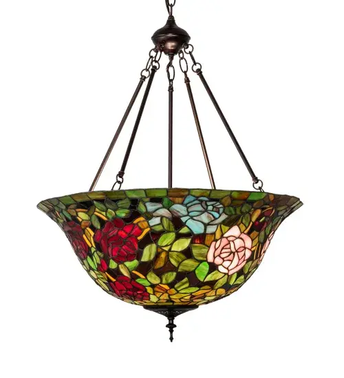 The most beloved of all floral beauties. The Rosebush is beautifully represented in this stunning reproduction of a Tiffany Studio Classic. Petal Pink; Romantic Red; Beautiful Blue and Plum Passion art glass Roses ramble on a maze of Garden Green leaves. The shade is created using the famous Meyda Tiffany copperfoil construction. The delicate domed stained glass shade is paired with a Mahogany Bronze finish. The overall height ranges from 32 to 67 inches as the chain length can be easily adjusted in the field to accommodate your specific lighting application needs. UL and cUL listed for dry and damp locations. - alternate view