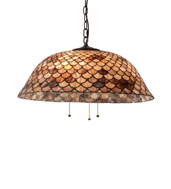 A Louis Comfort Tiffany studio classic. The famous Fishscale design features a variegated Tortoiseshell of Mauve and Beige colored art glass, evoking a unique dimensional and textured look in a rainbow of brilliant hues. This exquisite variegated art glass shade which is created using the famous Meyda Tiffany copperfoil construction process. The shade is complemented with a Mahogany Bronze hand finished hardware. The overall height ranges from 13 to 48 inches as the chain length can be easily adjusted in the field to accommodate your specific lighting application needs. UL and cUL listed for dry and damp locations. We cannot depict every color variation but if you are looking for a specific color, call customer service for an updated image of current stock. Collection: Tiffany Fishscale Finish: Mahogany Bronze Glass: Paba Width: 24.00" Height: 13.00" Length: 24.00" Weight: 11.00 lb Number of Bulbs: 3 Maximum Wattage: 60.00 W Bulb Type: A19 Bulb Base: E26 Material: Steel Country of Origin: CHINA Safety Rating: Damp