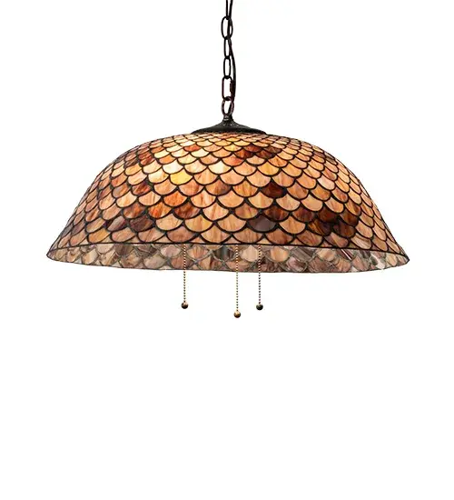 A Louis Comfort Tiffany studio classic. The famous Fishscale design features a variegated Tortoiseshell of Mauve and Beige colored art glass, evoking a unique dimensional and textured look in a rainbow of brilliant hues. This exquisite variegated art glass shade which is created using the famous Meyda Tiffany copperfoil construction process. The shade is complemented with a Mahogany Bronze hand finished hardware. The overall height ranges from 13 to 48 inches as the chain length can be easily adjusted in the field to accommodate your specific lighting application needs. UL and cUL listed for dry and damp locations. We cannot depict every color variation but if you are looking for a specific color, call customer service for an updated image of current stock. Collection: Tiffany Fishscale Finish: Mahogany Bronze Glass: Paba Width: 24.00" Height: 13.00" Length: 24.00" Weight: 11.00 lb Number of Bulbs: 3 Maximum Wattage: 60.00 W Bulb Type: A19 Bulb Base: E26 Material: Steel Country of Origin: CHINA Safety Rating: Damp - alternate view