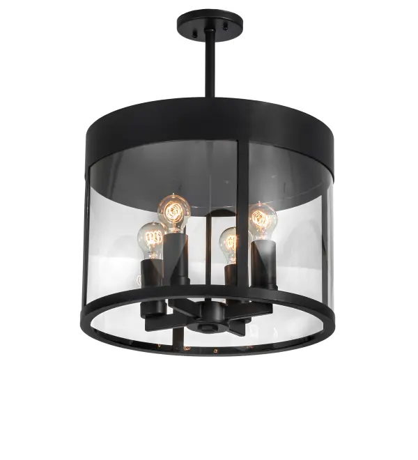 This stunning fixture with a chic motif and a curved shape is reminiscent of the high style of the Mid-century Modern era. The Cilindro Campbell Pendant is hand-finished in Solar Black. The fixture features a Clear Glass lens that reveals four Edison-style lamps for installation in hallways and foyers in homes and restaurants from Montpelier; Vermont; to Baton Rouge; Louisiana; to Salem; Oregon. The Cilindro Campbell Pendant is included in our American-made; American-designed; handcrafted Modern Lighting Collection and manufactured in Yorkville; NY. UL & cUL listed for dry and damp locations.