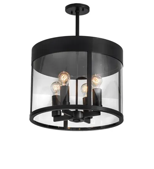 This stunning fixture with a chic motif and a curved shape is reminiscent of the high style of the Mid-century Modern era. The Cilindro Campbell Pendant is hand-finished in Solar Black. The fixture features a Clear Glass lens that reveals four Edison-style lamps for installation in hallways and foyers in homes and restaurants from Montpelier; Vermont; to Baton Rouge; Louisiana; to Salem; Oregon. The Cilindro Campbell Pendant is included in our American-made; American-designed; handcrafted Modern Lighting Collection and manufactured in Yorkville; NY. UL & cUL listed for dry and damp locations. - alternate view