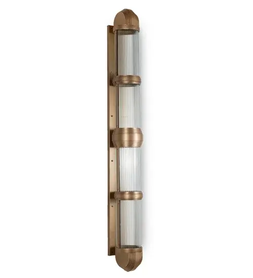 The material is Steel and Glass. The finish is Gold Metallic High Gloss. The diffuser is Clear Fluted Glass. Collection: Christy Finish: Gold Metallic Glass: Frosted Clear Fluted Glass Width: 9.50" Height: 80.00" Length: 11.00" Weight: 108.00 lb Extension from Wall: 11.00" Number of Bulbs: 4 Maximum Wattage: 5.00 W Bulb Type: MR16 Bulb Base: E26 Light Source: LED Material: Steel Country of Origin: USA Safety Rating: Damp LED