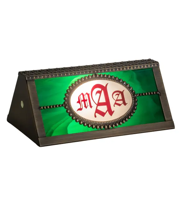 A stunning Brass Banker's Lamp shade is personalized with the monogram MAA in a Red hue on a Clear glass background with matching Brass filigree. The shade features Beige art glass and is complemented with an Antique Brass finished frame. The Personalized MAA Banker's Lamp is included in our American-made; American-designed; handcrafted Personalized Banker's Lamp Collection and manufactured in Yorkville; New York. This specific lamp shade can be ordered; and we will coordinate the custom logo with you to suit your project. Call For Lead Time and Pricing.