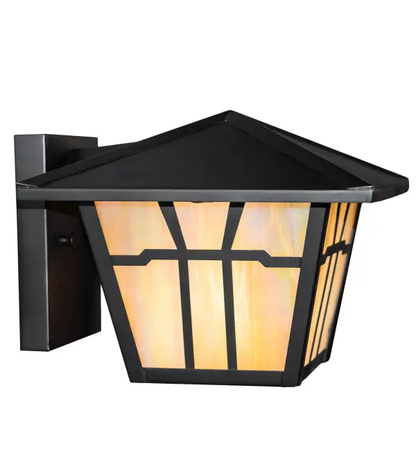 The material is Brass and Glass. The finish is Craftsman Brown. The glass is Beige Iridescent. Collection: Gable Finish: Craftsman Brown Glass: Beige Iridescent Glass Width: 10.00" Height: 8.00" Length: 11.00" Weight: 5.50 lb Extension from Wall: 11.00" Number of Bulbs: 1 Maximum Wattage: 60.00 W Bulb Type: A19 Bulb Base: E26 Material: Brass Country of Origin: USA Safety Rating: Wet