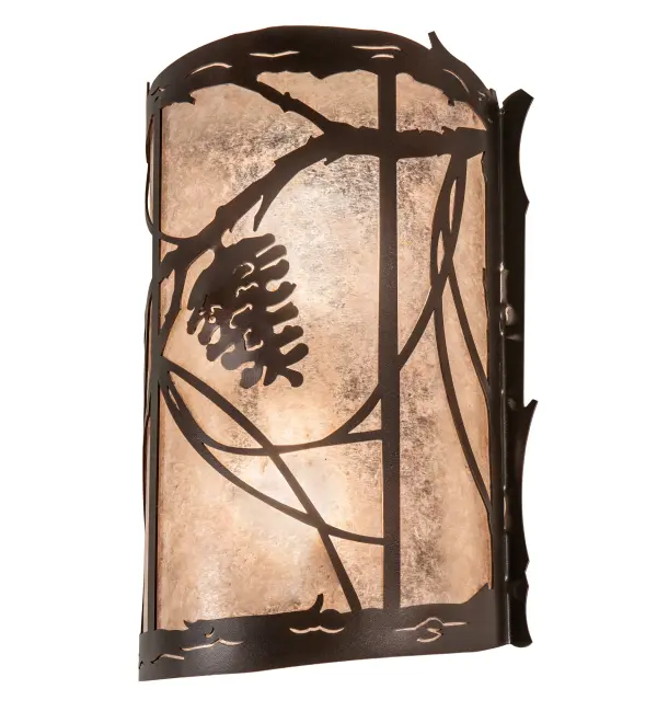 Breathtaking Pinecone and Pine Branch designs adorn the beautiful Silver Mica diffuser of this Whispering Pines wall sconce. This nature inspired curvaceous luminaire is enhanced with a warm Mahogany Bronze finish. The fixture is Made to Order in our 180,000 square manufacturing facility in Yorkville, New York, at the foothills of the Adirondack Mountains. Lens colors, metal finishes and sconce sizes can be customized to your needs. UL and cUL listed for dry and damp locations. Collection: Whispering Pines Finish: Mahogany Bronze Glass: Silver Mica Width: 10.00" Height: 14.50" Length: 5.00" Weight: 4.00 lb Extension from Wall: 5.00" Number of Bulbs: 2 Maximum Wattage: 60.00 W Bulb Type: A19 Bulb Base: E26 Material: Steel Country of Origin: USA Safety Rating: Damp