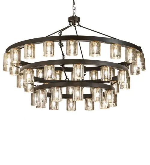 Loxley integrates an elegant style with a distinguished look. Loxley is custom crafted with 44 Inverted Mercury Cobbleskill Glass Cylindres on a three tiered chandelier. This grand scaled fixture is featured in an Oil Rubbed Bronze finish. The chandelier is ideal for illuminating lobbies; conference rooms; entryways and other large residential; hospitality and commercial spaces. The overall height ranges from 49 to 172 inches as the chain length can be easily adjusted in the field to accommodate your specific lighting needs. Handcrafted by highly skilled artisans in our 180;000 square foot manufacturing facility in Yorkville; New York. The fixture can be customized with the lens colors; finish and size of your choice. UL and cUL listed for dry and damp locations. - alternate view