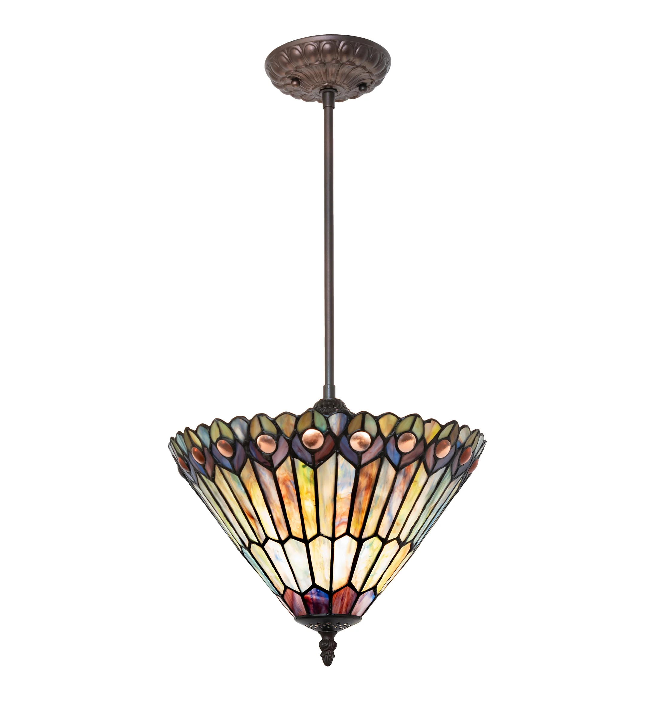 12" Wide Tiffany Jeweled Peacock Inverted Pendant