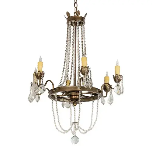 An elegant chandelier design comes to light with sparkle and glamour. 6 Ivory faux candlelights perched on Acanthus leaf accented bobeches are embraced by exquisite scrolled arms and featured in a Black Hills Gold finish. Clear crystal beaded garland and droplets are draped throughout the fixture which is adorned with a Crystal ball accent on the bottom. The overall height ranges from 41 to 100 inches as the chain length can be easily adjusted in the field. This chandelier is custom made by highly skilled artisans in our 180,000 square foot manufacturing facility in Yorkville, NY. Candlelight colors, metal finishes and fixture sizes can be customized. UL and cUL listed for dry and damp locations. Collection: Dominique Finish: Black Hills Gold Glass: Gold Width: 28.00" Height: 41.00" Length: 28.00" Weight: 18.00 lb Number of Bulbs: 6 Maximum Wattage: 60.00 W Bulb Type: BA9 Bulb Base: E12 Material: Steel Country of Origin: USA Safety Rating: Damp
