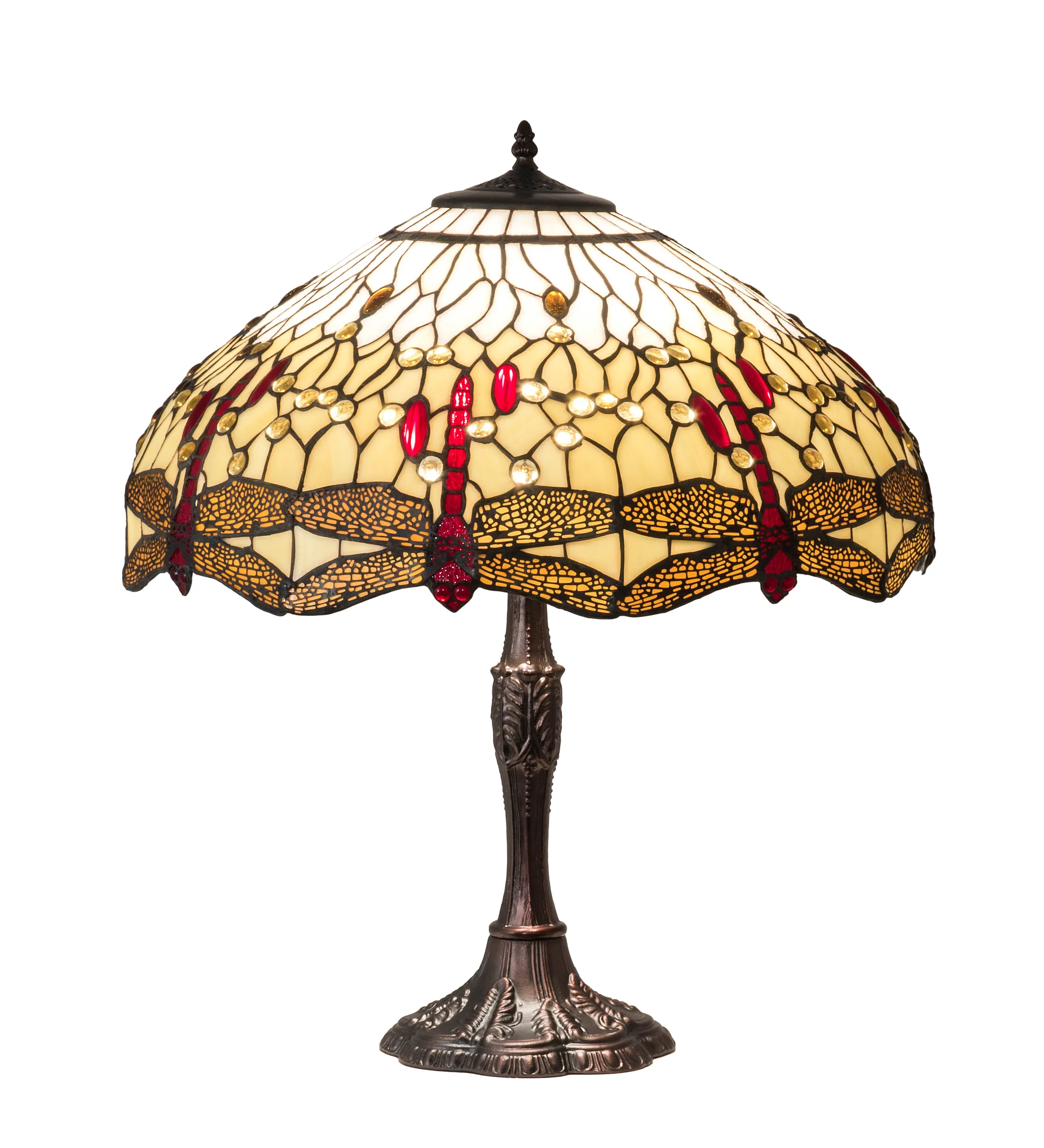 Tiffany Hanginghead Dragonfly Three Light Table Lamp in Mahogany Bronze