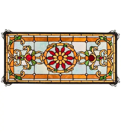 Emma is a stunning Art Nouveau floral design in its regal glamor and beauty with Clear Iridescent, Amber, Beige, Burgundy and Green stained glass. This decorative window can be displayed in front of a window and hung from the top of the window frame or ceiling so the sunlight can show off the beauty of the art glass. The window is created using the famous Meyda Tiffany copperfoil construction technique and includes chains and Brass mounting brackets. The Emma Stained Glass Window is included in our American-designed, handcrafted Stained Glass Window Collection. Each shade is a unique work of art with color variations based on natural ingredients inherent in the glass. Collection: Emma Glass: Stained /Glass Width: 25.00" Height: 12.00" Length: 0.25" Weight: 4.00 lb Material: Brass Country of Origin: CHINA Safety Rating: Dry