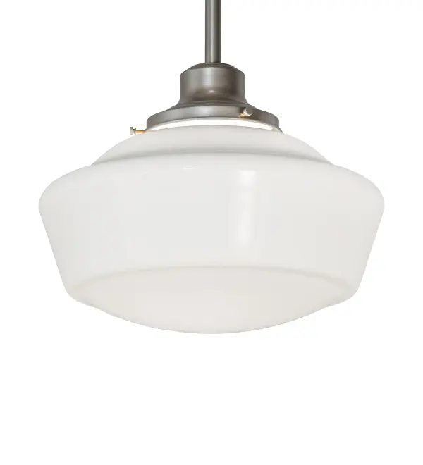 Restore the past with this always fashionable early electric reproduction Revival ceiling fixture. The fixture features a White Opal Schoolhouse Glass shade and hardware in a Nickel finish. This vintage lighting fixture features a refined yet consistent distinctive style that originated in traditional schoolhouses and public buildings in the early 1920s. The Brass Pendant is Inspired by schoolhouses from Wells, Maine, and Columbia County, New York, to Waverly and Canaan, Pennsylvania, and Mason County, West Virginia, to Cedar Falls, Iowa, and Lawson, Missouri. The Revival Schoolhouse Pendant is included in our American-made, American-designed, handcrafted Schoolhouse Lighting Collection and manufactured in Yorkville, New York. UL & cUL listed for dry and damp locations. Collection: Revival Finish: Nickel Glass: White Glass Width: 16.00" Height: 30.00" Length: 16.00" Weight: 6.50 lb Number of Bulbs: 1 Maximum Wattage: 60.00 W Bulb Type: A19 Bulb Base: E26 Material: Brass Country of Origin: USA Safety Rating: Damp