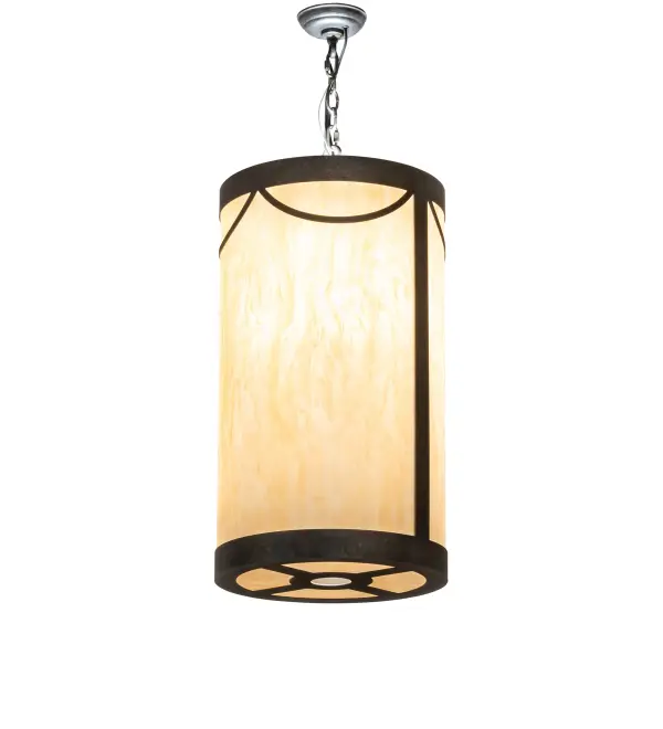 Capture a transitional eye-catching look with this stunning pendant. The Sahara Taupe Idalight Cylindre with matching bottom diffuser is complemented with a Golden Bronze finish. Install this pendant in a group across a counter; bar; island or table to make a dramatic design statement. The pendant illuminates with Integral energy efficient LEDs; 3 medium base lamps and a GU10 downlight for functional lighting on surfaces below. The overall height ranges from 37 to 40 inches as the chain can be easily adjusted in the field. Handcrafted in our 180;000 square foot manufacturing facility in Yorkville; New York. Custom options include special sizes; styles; and finishes. UL and cUL listed for dry and damp locations.