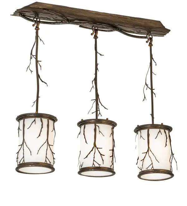 A Brilliant Branches lighting design mesmerizes with a striking look inspired by Mother Nature. Metal Branch silhouettes shine in an Antique Copper finish on three Statuario Idalight shades with matching bottom diffusers. The oblong canopy replicates a wooden bark with metal branch accents wrapped around metal suspension stems. Ideal for illuminating kitchen islands; counters and bars. The Branches Island Pendant?is featured in our American made; American designed handcrafted Nature Inspired Lighting Collection. Manufactured in Yorkville; New York. UL and cUL listed for dry and damp locations.