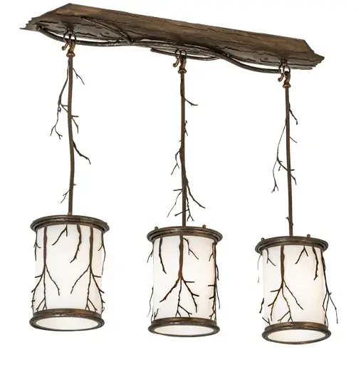 A Brilliant Branches lighting design mesmerizes with a striking look inspired by Mother Nature. Metal Branch silhouettes shine in an Antique Copper finish on three Statuario Idalight shades with matching bottom diffusers. The oblong canopy replicates a wooden bark with metal branch accents wrapped around metal suspension stems. Ideal for illuminating kitchen islands; counters and bars. The Branches Island Pendant?is featured in our American made; American designed handcrafted Nature Inspired Lighting Collection. Manufactured in Yorkville; New York. UL and cUL listed for dry and damp locations. - alternate view