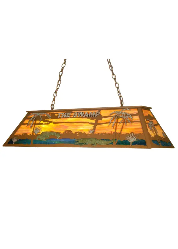 Alligators and palm trees accent this custom billiard fixture handcrafted in the USA by Meyda artisans. Sunset and Blue Green stained art glass panels bring this swamp scene to life. Collection: Swamp Finish: Rust/Tarnished Copper/Verdi Glass: Orange And Blue Green Glass Width: 11.50" Height: 46.00" Length: 36.00" Weight: 40.00 lb Extension from Wall: 17.00" Number of Bulbs: 6 Maximum Wattage: 60.00 W Bulb Type: A19 Bulb Base: E26 Material: Steel Country of Origin: USA Safety Listing: Damp Safety Rating: Damp