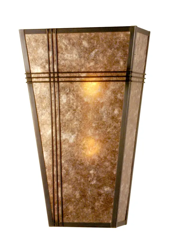 A trio of Brass bars cross on this handsome Mission styled American Craftsman wall sconce. The architectural designed wall sconce is finished in Craftsman Brown and features stunning Silver Mica panels. Made to Order in our 180;000 square foot US manufacturing facility in Yorkville; New York. Customize shade colors; metal finishes and fixture sizes to your taste. UL and cUL listed for dry and damp locations.