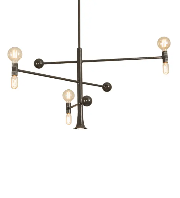 Inspired by out-of-this-world constellation designs. An impressive industrial look comes to light. Rugged arms and large ballpoints are enhanced with a Black Fox Glossy finish. This uniquely configured chandelier illuminates with three sets of 2 Edison-styled LED lamps that appear to be rotating on their axis while providing ambient illumination. A downlight delivers functional illumination on surfaces below. The Alva Asta Chandelier is included in our American-made; American-designed; handmade Modern Lighting Collection. Manufactured in Yorkville; New York. UL and cUL listed for dry and damp locations.