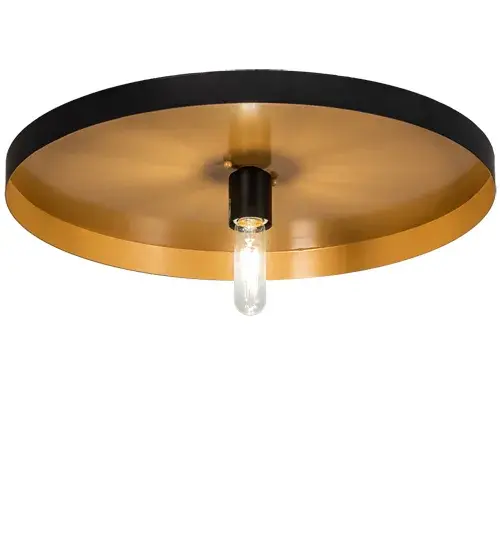 Offering a minimalist; industrial look; this Cilindro ceiling fixture creates soft illumination with an exposed Edison-style lamp. The Solar Black frame is enhanced with a Sahara Gold interior. The fixture is ideal for illuminating foyers and dining spaces in residential and hospitality locations. The Cilindro Flush Mount is included in our American-made; American-designed; handcrafted Modern Collection and manufactured in Yorkville; New York. UL and cUL listed for dry and damp locations. - alternate view