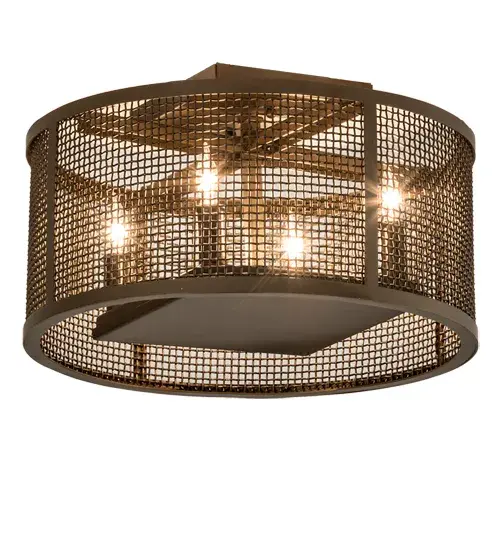 Discover a unique decorative look and industrial lighting design. A Weave-Tex Grid frame reveals 4 Complementary Faux Candlelights with customer supplied lamps from within. Cilindro Rame offers solid hardware and a frame featured in a Brown Metallic finish. This truly distinctive openwork design is ideal for residential; hospitality or commercial settings.This lighting fixture is Domestically Produced in the USA at our Yorkville; NY manufacturing facility.Offered in a myriad of sizes; candlelight colors and metal finishes that can be customized to your taste. UL and cUL listed for damp and dry locations. - alternate view