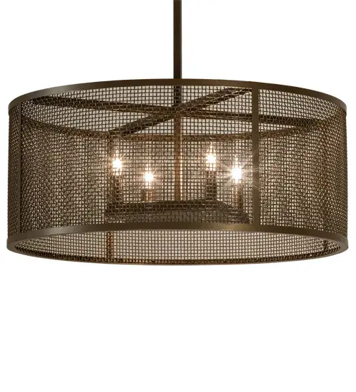 Discover a unique decorative look and industrial lighting design. A Weave-Tex Grid frame reveals 4 Complementary Faux Candlelights with customer supplied lamps from within. Cilindro Rame offers solid hardware and a frame featured in a Brown Metallic finish. This truly distinctive openwork design is ideal for residential; hospitality or commercial settings. Made to Order in our 180;000 square foot manufacturing facility in Yorkville; New York. Offered in a myriad of sizes; candlelight colors and metal finishes that can be customized to your liking. UL and cUL listed for damp and dry locations. - alternate view