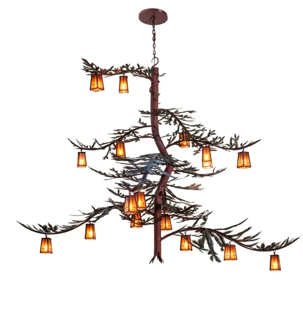 The material is Steel and Mica. The finish is Rust and Green Trees. The diffuser is Amber Mica.