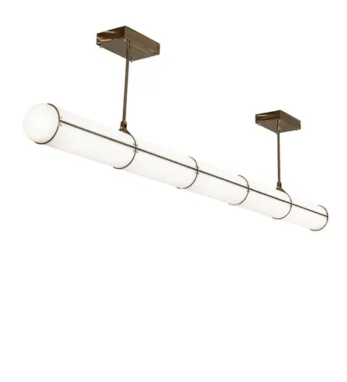 Sleek and stylish. A uniquely designed Statuario Idalight diffuser features an extensive cylindrical profile complemented with a Brass finish. Ideal for illuminating reception areas; dining tables; conferences tables and other oblong spaces. Illuminates beautifully with Integral LEDs that provide energy savings and long life. The Hodiak Oblong Pendant is featured in our American made; American designed; handcrafted Transitional Light Collection. Manufactured in Yorkville; New York. UL and cUL listed for dry and damp locations. - alternate view