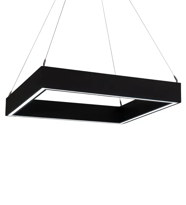Rendering a stunning transitional look. This handsome lighting design features a square shaped luminaire in a Flat Black finish. This lovely pendant projects ambient illumination through a Statuario Idalight diffuser with Integral LEDs. The overall height ranges from 28 to 36 inches; as the aircraft cable length can be easily adjusted in the field to accommodate your specific lighting application needs. The Anillo Quadrato Pendant is featured in our American-made; American-designed; handmade Transitional Lighting Collection. Manufactured in the USA. UL & cUL listed for dry and damp locations.