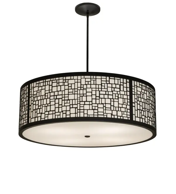 This pendant features an appealing round profile and a mosaic-style shade that defines a sophisticated modern aesthetic. This Off-White Textrene shade features a Statuario Idalight diffuser on the bottom surface and is complemented with a Flat Black finished frame and hardware. The pendant is perfect for illuminating dining areas and entryways in fine homes and hospitality spaces. The Cilindro Deco Pendant is included in our American-made, American-designed, handcrafted Deco Lighting Collection and manufactured in Yorkville, New York. The fixture is UL and cUL listed for dry and damp locations, however, we do not recommend installing it in spaces that experience excessive moisture due to the fabric shade. Collection: Cilindro Finish: Solar Black Glass: Off-White Textrene And Statuario Idalight Width: 36.00" Height: 36.00" Length: 36.00" Weight: 27.00 lb Number of Bulbs: 4 Maximum Wattage: 40.00 W Bulb Type: A19 Bulb Base: E26 Material: Steel Country of Origin: USA Safety Rating: Damp