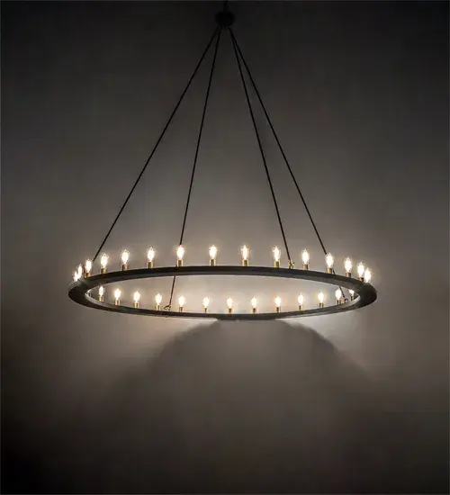 Blending an elegant style with a classic; distinguished look... This massive Loxley Chandelier is custom-crafted with 32 clear glass bulbs with Brushed Brass bases on a sturdy ring featured in a Solar Black finish. Overall height ranges from 101 to 220 inches as the chain easily adjusts in the field. The fixture is ideal for illuminating dining tables; lobbies; entryways; and other residential; hospitality; and commercial spaces. The Loxley Chandelier is featured in our American-made; American-designed; handcrafted Transitional Lighting Collection. Manufactured in Yorkville; New York. UL and cUL listed for dry and damp locations.