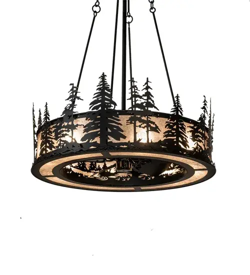 A stand of Tall Pines accents this fan-integrated custom lighting fixture which features Pine Tree and woodland metal silhouettes in a Black Satin Wrought Iron. A Silver Mica diffuser illuminates while gentle breezes are created by a fan spinning quietly in the center. Eight inner lights are used for a decorative effect and to bring out the beauty of the Mica. The Tall Pines design is inspired by the Coconino National Forest in Arizona, to the Deschutes National Forest in Oregon, to the Ancient Bristlecone Pine Forest of California. This Chandel-Air is ideal for use in an entryway, lobby, ballroom, and other rooms in residential, hospitality, and commercial settings. In summer, the fan pushes down a windchill that circulates to keep the space cool and comfortable. In winter, the fan is reversed to pull the room air towards the ceiling, forcing the warm air back down & circulate to create warmth. The overall height ranges from 19 to 80.5 inches, as the stem can be cut in the field to meet your lighting applications. The Tall Pines Chandel-Air is included in our American-made, American-designed, handcrafted, award-winning Chandel-Air Collection and manufactured in Yorkville, NY. UL & cUL listed for dry and damp locations. Collection: Tall Pines Finish: Satin Black Wrought Iron Oiled Bronze Glass: Silver Mica Ac Motor Width: 45.00" Height: 19.00" Length: 45.00" Weight: 118.00 lb Number of Bulbs: 8 Maximum Wattage: 60.00 W Bulb Type: A19 Bulb Base: E26 Material: Steel Country of Origin: USA Safety Rating: Damp - alternate view