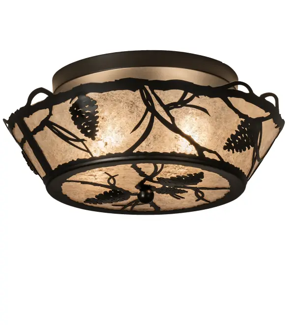Delicate Pinecones, Pine Needles and Branches adorn the rustic Whispering Pines flushmount. The inverted shade features Silver Mica and is enhanced with a handsome Black Satin Wrought Iron finish. Ideal for illuminating a variety of settings including rustic timber frame homes, inns, lounges and restaurants. Artisans handcraft this nature inspired ceiling fixture in our 180,000 square foot manufacturing facility in Yorkville, New York, at the foothills of the Adirondack Mountains Lens colors, ceiling fixture sizes and metal finishes can be customized to meet your specifications. UL and cUL listed for dry and damp locations. Collection: Whispering Pines Finish: Black Satin Wrought Iron Glass: Silver Mica Width: 16.00" Height: 8.00" Length: 16.00" Weight: 4.00 lb Number of Bulbs: 4 Maximum Wattage: 60.00 W Bulb Type: A19 Bulb Base: E26 Material: Steel Country of Origin: USA Safety Rating: Damp