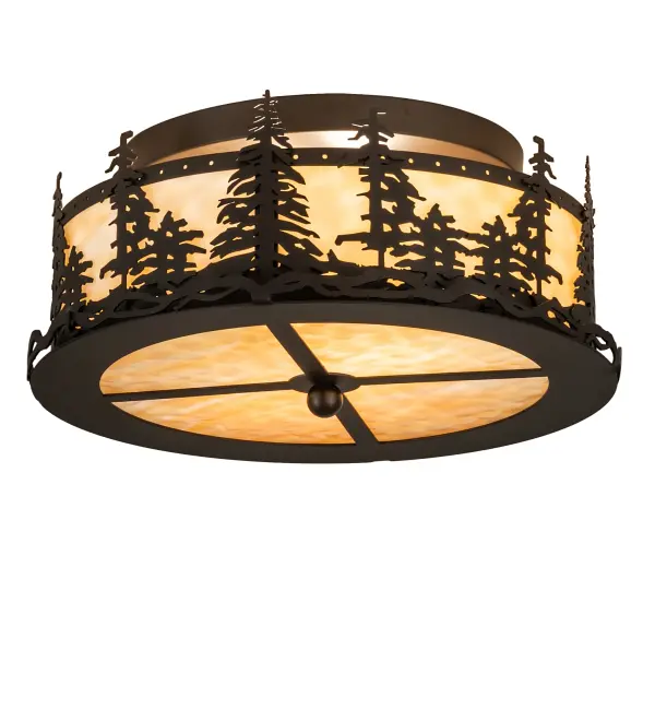 A nature inspired design of Tall Pine trees is depicted as the late afternoon sun shines over the American woodlands. Soft ambient light is diffused beautifully through stunning Beige art glass which is enhanced with a matching bottom diffuser. The shade is complemented with an Oil Rubbed Bronze finish. Made to Order in our 180,000 sq ft manufacturing facility located at the foothills of the awe-inspiring Adirondack Mountains. Customize shade styles and colors, metal finishes and fixture size to your taste. UL and cUL listed for damp and dry locations. Collection: Tall Pines Finish: Oil Rubbed Bronze Glass: Beige Art Glass Width: 16.00" Height: 7.00" Length: 16.00" Weight: 10.50 lb Number of Bulbs: 2 Maximum Wattage: 60.00 W Bulb Type: A19 Bulb Base: E26 Material: Steel Country of Origin: USA Safety Rating: Damp