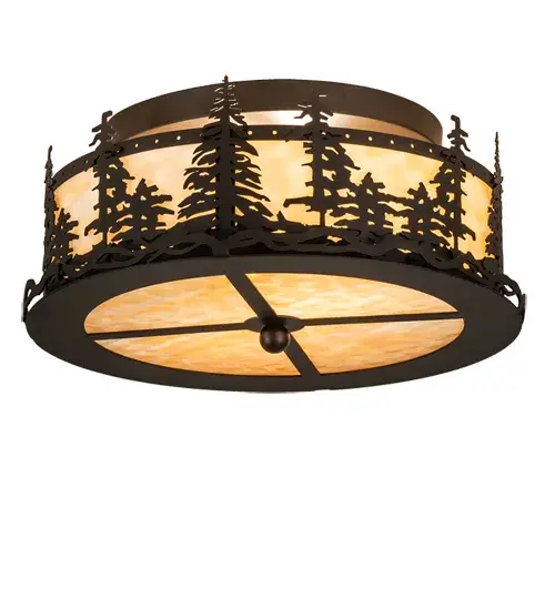 A nature inspired design of Tall Pine trees is depicted as the late afternoon sun shines over the American woodlands. Soft ambient light is diffused beautifully through stunning Beige art glass which is enhanced with a matching bottom diffuser. The shade is complemented with an Oil Rubbed Bronze finish. Made to Order in our 180,000 sq ft manufacturing facility located at the foothills of the awe-inspiring Adirondack Mountains. Customize shade styles and colors, metal finishes and fixture size to your taste. UL and cUL listed for damp and dry locations. Collection: Tall Pines Finish: Oil Rubbed Bronze Glass: Beige Art Glass Width: 16.00" Height: 7.00" Length: 16.00" Weight: 10.50 lb Number of Bulbs: 2 Maximum Wattage: 60.00 W Bulb Type: A19 Bulb Base: E26 Material: Steel Country of Origin: USA Safety Rating: Damp - alternate view