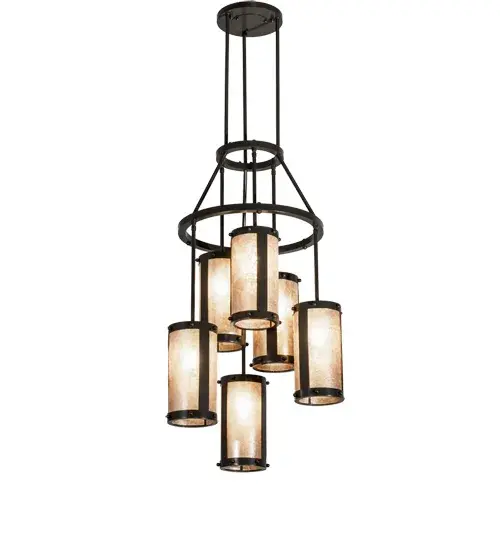 This two-tiered cascading chandelier features an eye-catching transitional look. Handsome Silver Mica shades are aligned in a staggered formation, suspended from two decorative rings and a canopy while providing light at various levels. All hardware is hand-finished in Timeless Bronze while an inviting glow evokes from six decorative cylinders. Ideal for illuminating entryways, lobbies, foyers, ballrooms, and other residential, hospitality, and commercial spaces. The Cartier Cascading Chandelier is included in our American-made, American-designed, handcrafted Transitional Lighting Collection. Manufactured in Yorkville, NY. UL and cUL listed for dry and damp locations. Collection: Cartier Finish: Timeless Bronze Glass: Silver Mica Width: 24.00" Height: 60.00" Length: 24.00" Weight: 28.00 lb Number of Bulbs: 6 Maximum Wattage: 60.00 W Bulb Type: T10 Bulb Base: E26 Material: Steel Country of Origin: USA Safety Rating: Damp - alternate view