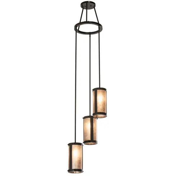 Spanning up to more than 6 feet from top to bottom; the two-tiered chandelier features an eye-catching transitional look. Handsome Silver Mica shades are aligned in a staggered formation; suspended from two decorative rings and a canopy while providing light at various levels. All hardware are hand-finished in Timeless Bronze while an inviting glow evokes from three decorative cylinders. Ideal for illuminating entryways; lobbies; foyers; ballrooms; and other residential; hospitality; and commercial spaces. The Cartier Cascading Chandelier is offered in our American-made; American-designed; handcrafted Transitional Lighting Collection. Manufactured in Yorkville; NY. UL and cUL listed for dry and damp locations.