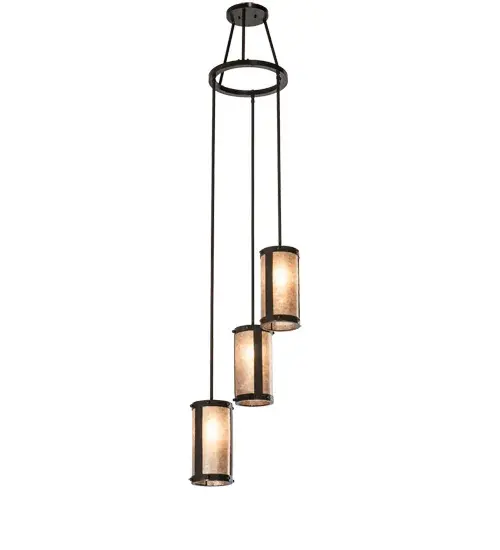 Spanning up to more than 6 feet from top to bottom; the two-tiered chandelier features an eye-catching transitional look. Handsome Silver Mica shades are aligned in a staggered formation; suspended from two decorative rings and a canopy while providing light at various levels. All hardware are hand-finished in Timeless Bronze while an inviting glow evokes from three decorative cylinders. Ideal for illuminating entryways; lobbies; foyers; ballrooms; and other residential; hospitality; and commercial spaces. The Cartier Cascading Chandelier is offered in our American-made; American-designed; handcrafted Transitional Lighting Collection. Manufactured in Yorkville; NY. UL and cUL listed for dry and damp locations. - alternate view