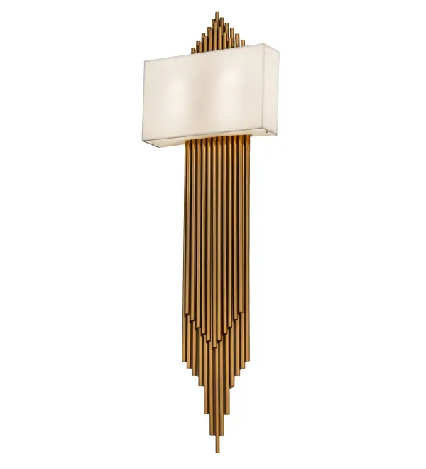 Refined elegance meets modern distinction with the stunning Wynwood wall sconce. A sophisticated White Linen rectangular shade is enhanced with a Staturario Idalight bottom diffuser. Five long Natural Brass Bars create a stunning; musical inspired motif for this wall mounted design. ADA Compliant for use in corridors; lobbies and other public spaces. The Wynwood Wall Sconce is custom made and featured in our American designed; handcrafted Modern Lighting Collection. UL and cUL listed for dry and damp locations however we do not recommend installing it in spaces that experience a large amount of moisture due to the fabric shade. Call for lead time and pricing.