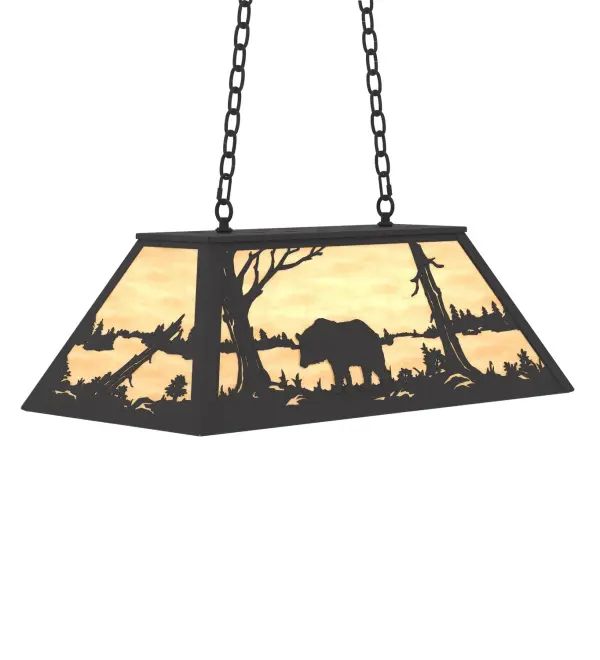 A striking oblong pendant features a majestic Bear meandering by a woodland lake. A handsome Beige art glass shade is enhanced with a Textured Black finish that rivals American wildlife. Perfect for illuminating a kitchen island, counter, bar, billiard table, or other space. Overall height ranges from 19 to 47 inches as the chain length can be easily adjusted in the field to accommodate your specific lighting needs. The Bear at Lake Pendant is Domestically Produced in our 180,000 sq ft facility in Yorkville, New York. Shade colors, metal finishes and pendant sizes can be customized to meet your needs. UL and cUL listed for damp and dry locations. Collection: Bear At Lake Finish: Textured Black Glass: Beige Art Glass Width: 17.00" Height: 19.00" Length: 33.00" Weight: 30.00 lb Number of Bulbs: 6 Maximum Wattage: 60.00 W Bulb Type: A19 Bulb Base: E26 Material: Steel Country of Origin: USA Safety Rating: Damp