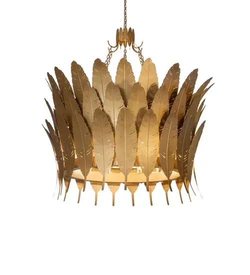 This breathtaking chandelier features a mesmerizing array of metal feathers in a stunning Gold Metallic finish. The eye-catching fixture is perfect for illuminating dining tables and entryways in fine homes and restaurants from Traverse City, Michigan, to Lake Tahoe, Nevada, to Lake Geneva, Wisconsin. The overall height ranges from 68 to 187 inches as the chain easily adjusts in the field to meet your exact specifications. The Tonga Chandelier is included in our American-made, American-designed, handcrafted Contemporary Collection and manufactured in Yorkville, New York. UL and cUL listed for dry and damp locations. Collection: Tonga Finish: Gold Metallic Glass: Gold Width: 65.00" Height: 68.00" Length: 65.00" Weight: 190.00 lb Number of Bulbs: 12 Maximum Wattage: 60.00 W Bulb Type: B10 Bulb Base: E12 Material: Steel Country of Origin: USA Safety Rating: Damp