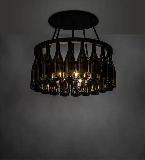 Capture the life of any party with authentic wine bottle lighting... so much fun that you may want to hang from this chandelier; but don't. The fixture does so much more than deliver light; it adds personality and pizazz to any interior. Perfect for homes; restaurants; hotels; pubs; nightclubs; wineries; and fine retailers in villages and cities throughout the nation; from Niagara Falls; New York; to Palisade; Colorado; to Napa Valley; California. Custom crafted with 20 authentic Green glass wine bottles; which are attached to sturdy hardware featured in a Textured Black finish. The wine bottles are illuminated with six complementary faux candlelights in the center. The Tuscan Vineyard Chandelier is included in our American Made; American-designed; handcrafted Wine Bottle Lighting Collection and manufactured in Yorkville; New York. UL and cUL listed for dry and damp locations.