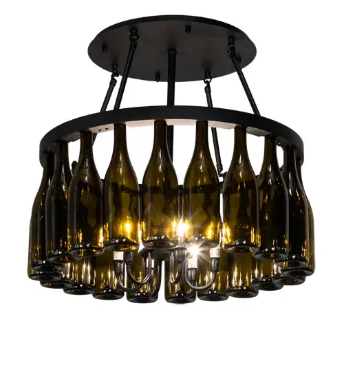 Capture the life of any party with authentic wine bottle lighting... so much fun that you may want to hang from this chandelier; but don't. The fixture does so much more than deliver light; it adds personality and pizazz to any interior. Perfect for homes; restaurants; hotels; pubs; nightclubs; wineries; and fine retailers in villages and cities throughout the nation; from Niagara Falls; New York; to Palisade; Colorado; to Napa Valley; California. Custom crafted with 20 authentic Green glass wine bottles; which are attached to sturdy hardware featured in a Textured Black finish. The wine bottles are illuminated with six complementary faux candlelights in the center. The Tuscan Vineyard Chandelier is included in our American Made; American-designed; handcrafted Wine Bottle Lighting Collection and manufactured in Yorkville; New York. UL and cUL listed for dry and damp locations. - alternate view